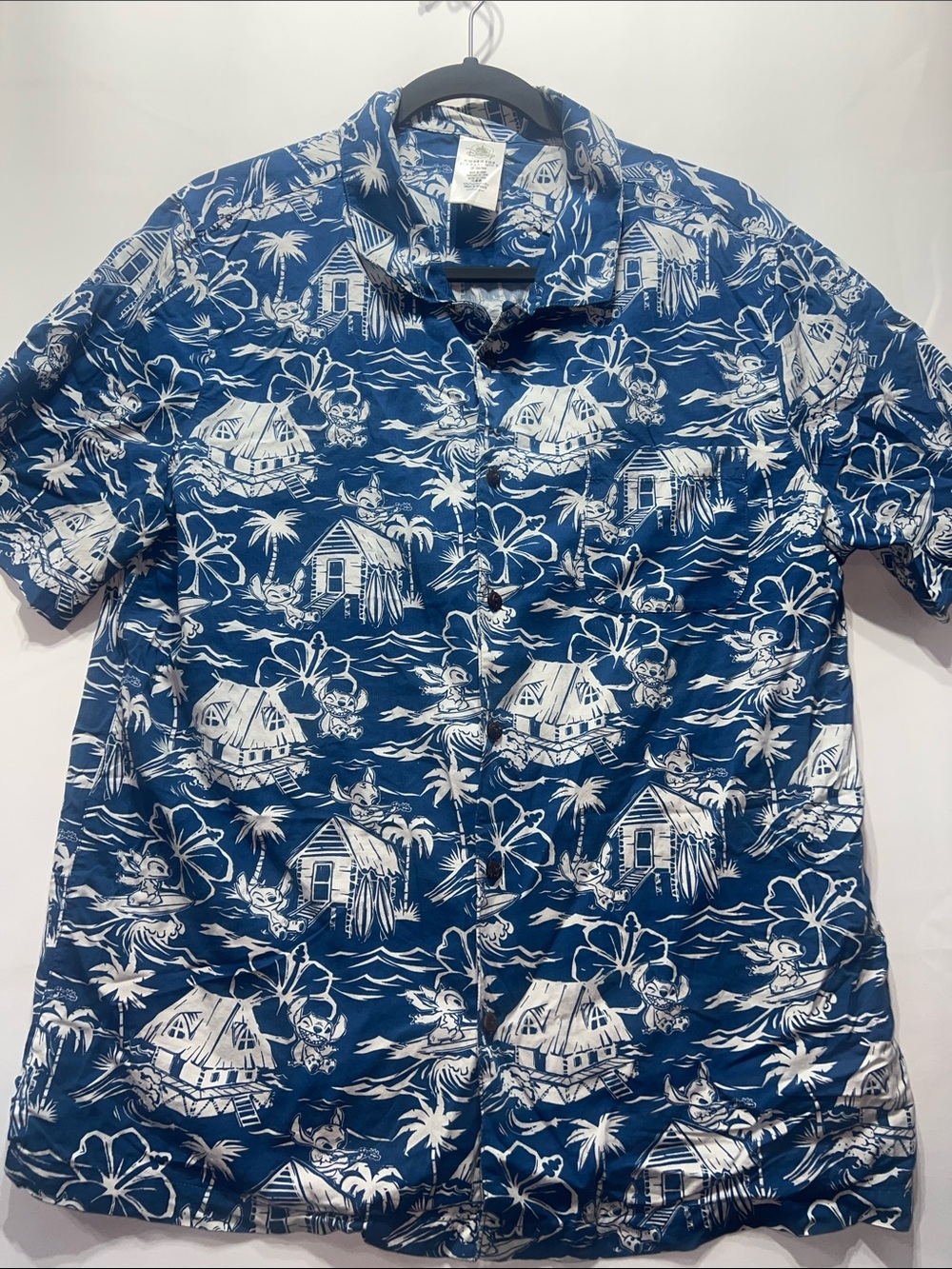 Disney Blue and White Hawaiian-Style Button-Down Shirt featuring Stitch